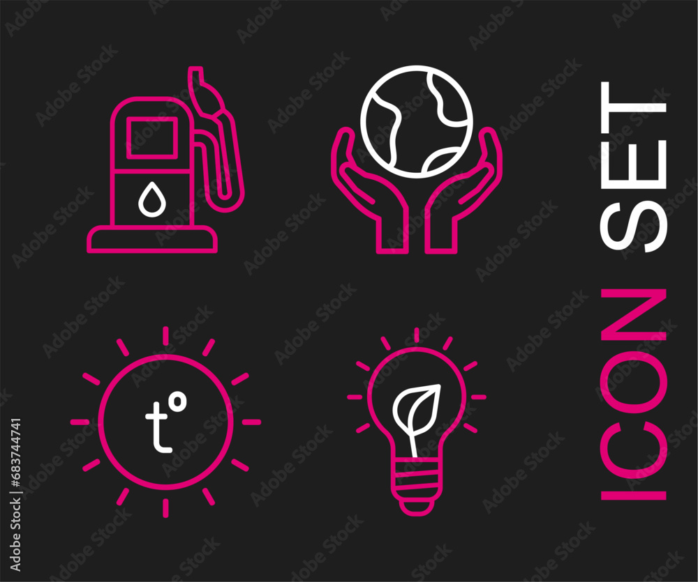 Set line Light bulb with leaf, Sun, Hands holding Earth globe and Petrol or gas station icon. Vector Set line Light bulb with leaf, Sun, Hands holding Earth globe and Petrol or gas station icon. Vector