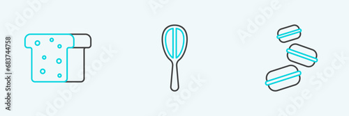 Set line Macaron cookie, Bread toast and Kitchen whisk icon. Vector