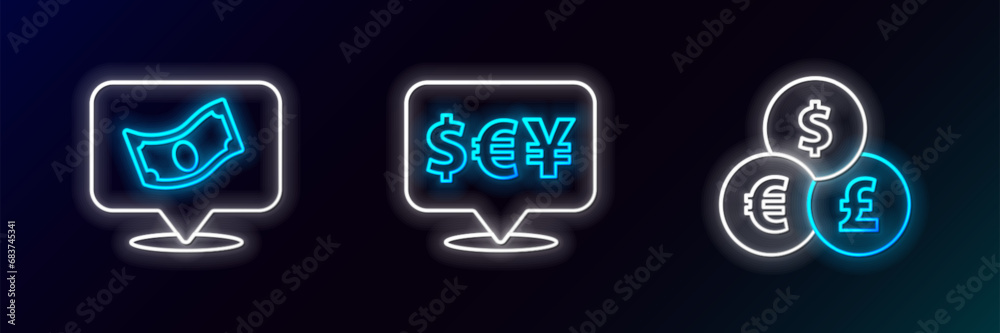 Set line Currency exchange, Stacks paper money cash and icon. Glowing neon. Vector Set line Currency exchange, Stacks paper money cash and icon. Glowing neon. Vector