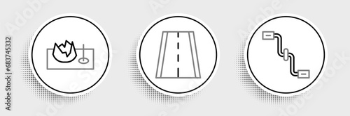 Set line Bicycle pedals, on street ramp and lane icon. Vector