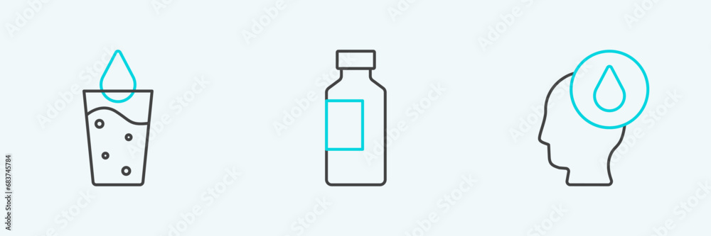 Set line Water drop, Glass with water and Bottle of icon. Vector Set line Water drop, Glass with water and Bottle of icon. Vector