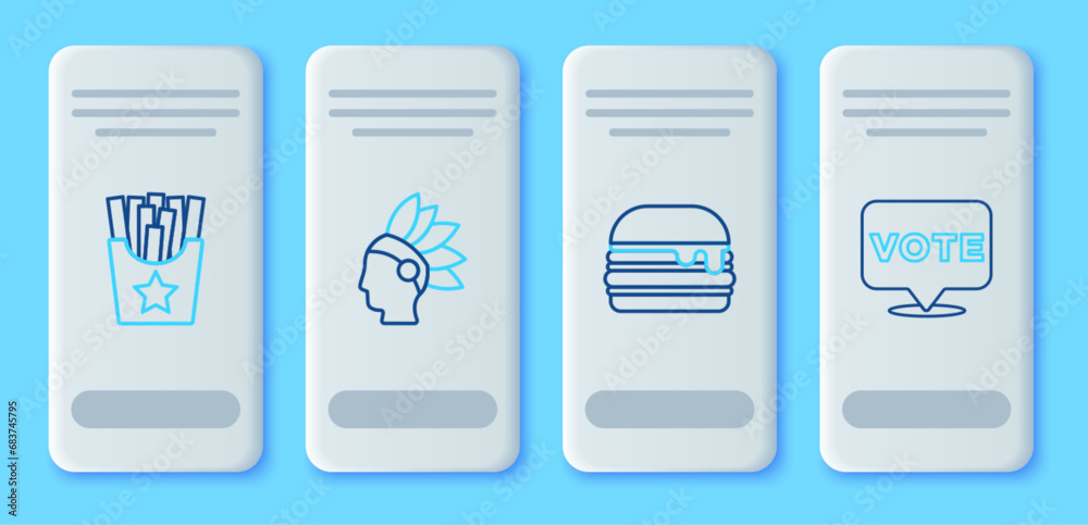 Set line Native American Indian, Burger, Potatoes french fries in box and Vote icon. Vector