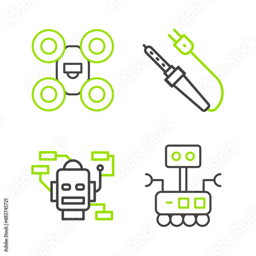 Set line Robot, Soldering iron and Drone icon. Vector