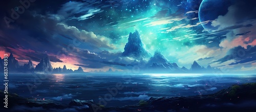 Futuristic fantasy abstract island with river at night sky on space galaxies landscape. AI generated