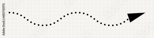 A thin, curved black arrow pointing to the right. A minimalistic playful pointer made of dots on a notebook background.