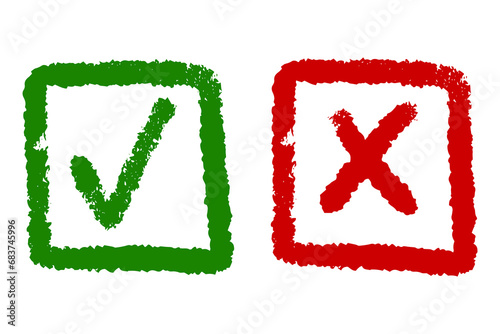 Clipart set of thick green checkmark and red cross in a square frame isolated on a white background. Vector textured grunge elements, to-do list, hand drawn doodle, brush stroke.