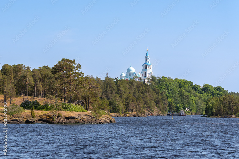 The monastery rises above the pine trees of Valaam Island in Lake Ladoga