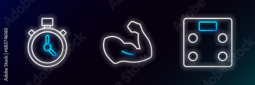Set line Bathroom scales, Stopwatch and Bodybuilder muscle icon. Glowing neon. Vector