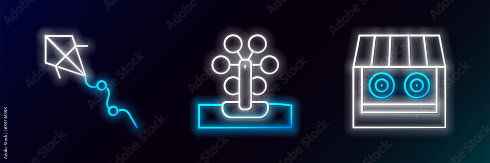 Set line Shooting gallery, Kite and Ferris wheel icon. Glowing neon. Vector