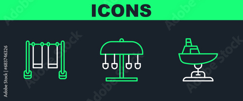 Set line Swing boat, Double swing and Attraction carousel icon. Vector