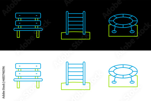 Set line Jumping trampoline, Bench and Swedish wall icon. Vector