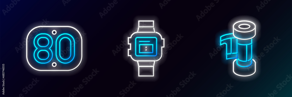 Set line Camera roll cartridge, 80s Retro and Wrist watch icon. Glowing neon. Vector Set line Camera roll cartridge, 80s Retro and Wrist watch icon. Glowing neon. Vector