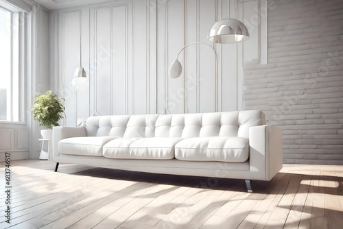 close view of whote sofa , present room near the window , 3d render 