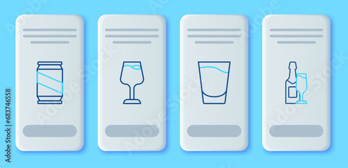 Set line Wine glass, Shot, Beer can and Champagne bottle and icon. Vector