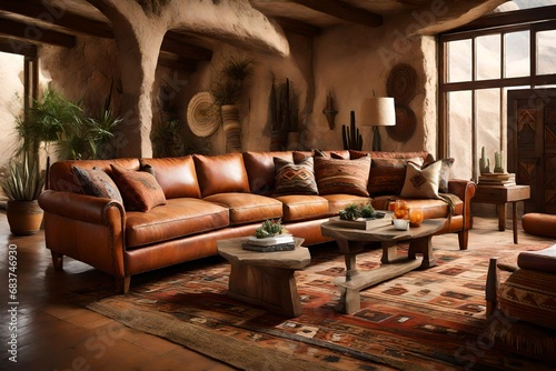 Showcase the warm earthy tones of a Southwestern sofa in a desert-inspired ambiance. 