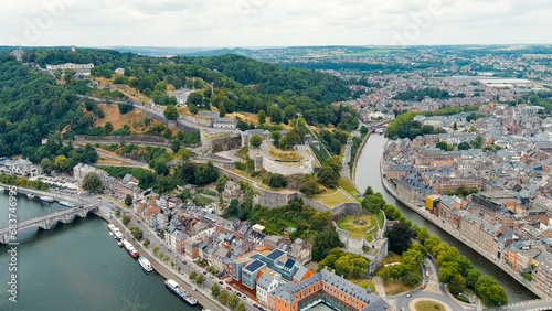 Namur  Belgium. Citadelle de Namur - 10th-century fortress with a park  rebuilt several times. Panorama of the central part of the city. River Meuse. Summer day  Aerial View