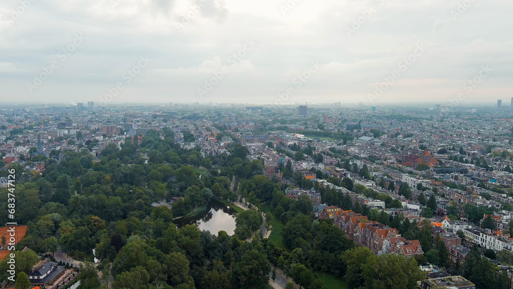 Amsterdam, Netherlands. Vondelpark. Panoramic view of the city in summer in cloudy weather, Aerial View