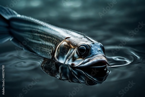 extreme close up,a single dead fish in the water dark bad weather, Environmental issues. Global warming and climate change.  photo