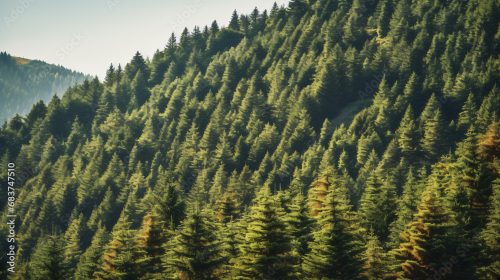 Detailed texture of conifer forest on hill close up