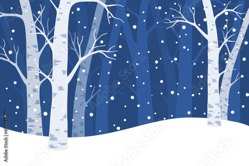 Vector illustration. Horizontal banner. Blue winter snowy forest landscape