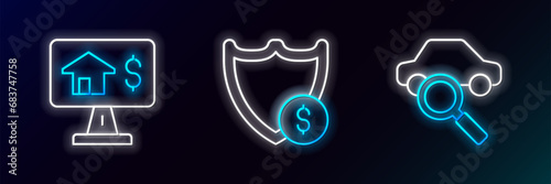 Set line Car sharing, Online real estate and Shield with dollar icon. Glowing neon. Vector