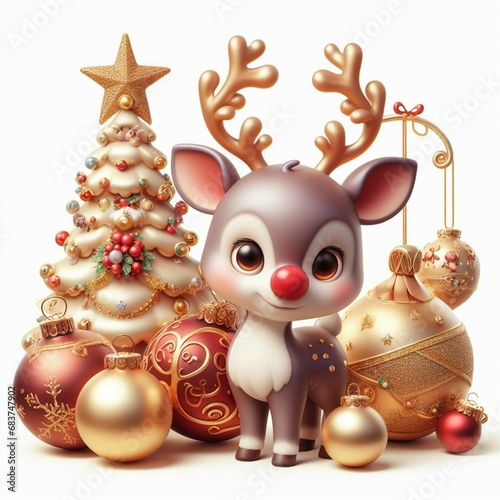 Illustration of a 3D red-nosed reindeer, Christmas ornaments and gifts on white background, cute animation style