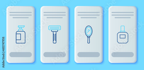 Set line Shaving razor, Hand mirror, Bottle of shampoo and Aftershave icon. Vector