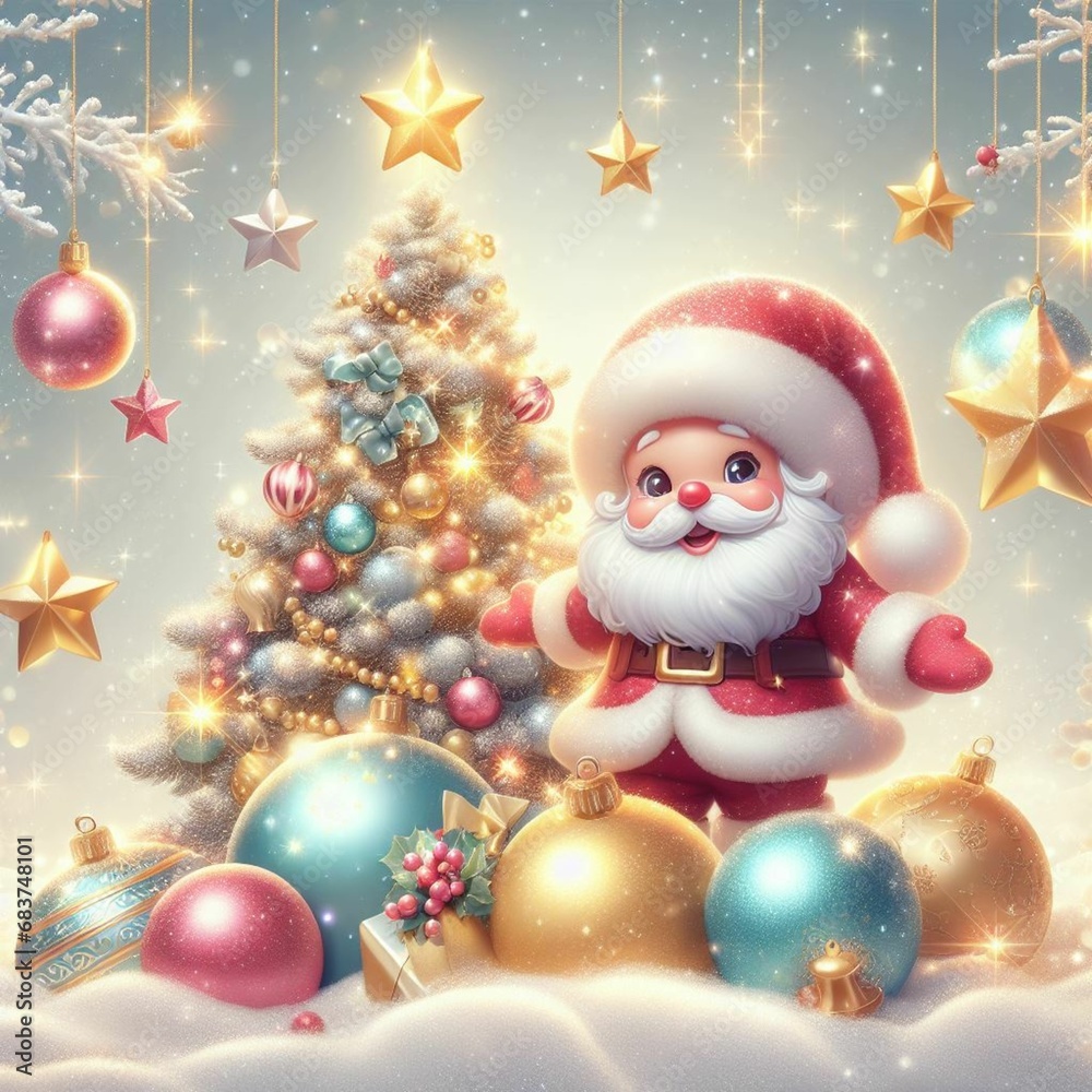 Illustration of a 3D Santa Claus, Christmas decorations in the snow, cute animation style, shiny snow and sparkling stars 2