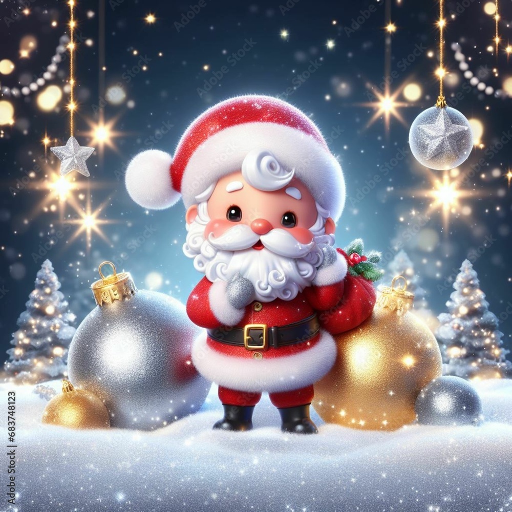 Illustration of a 3D Santa Claus, Christmas decorations in the snow, cute animation style, shiny snow and sparkling stars 4