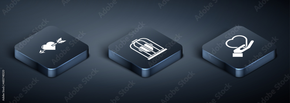 Set Isometric Amour with heart and arrow, Heart on hand and Heart in the bird cage icon. Vector Set Isometric Amour with heart and arrow, Heart on hand and Heart in the bird cage icon. Vector