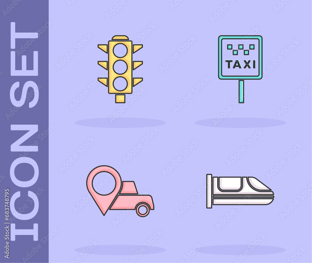 Fototapeta premium Set High-speed train, Traffic light, Location with taxi and Road sign for stand icon. Vector