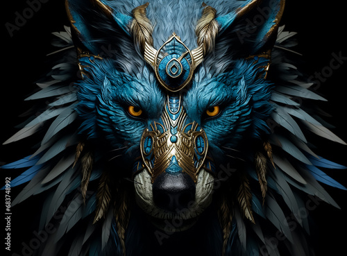 Fantasy wild wolf animal, head in Feathers, blue and gold feathers and fur, angry look