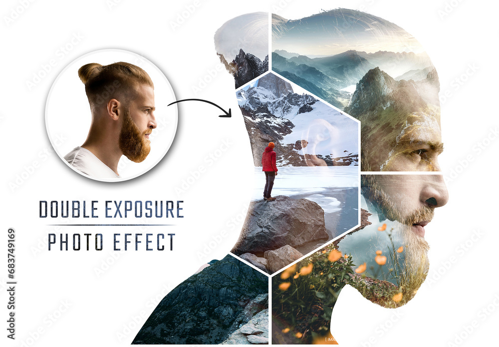 Double Exposure Photo Collage Hexagon Effect Mockup Stock Template Adobe Stock