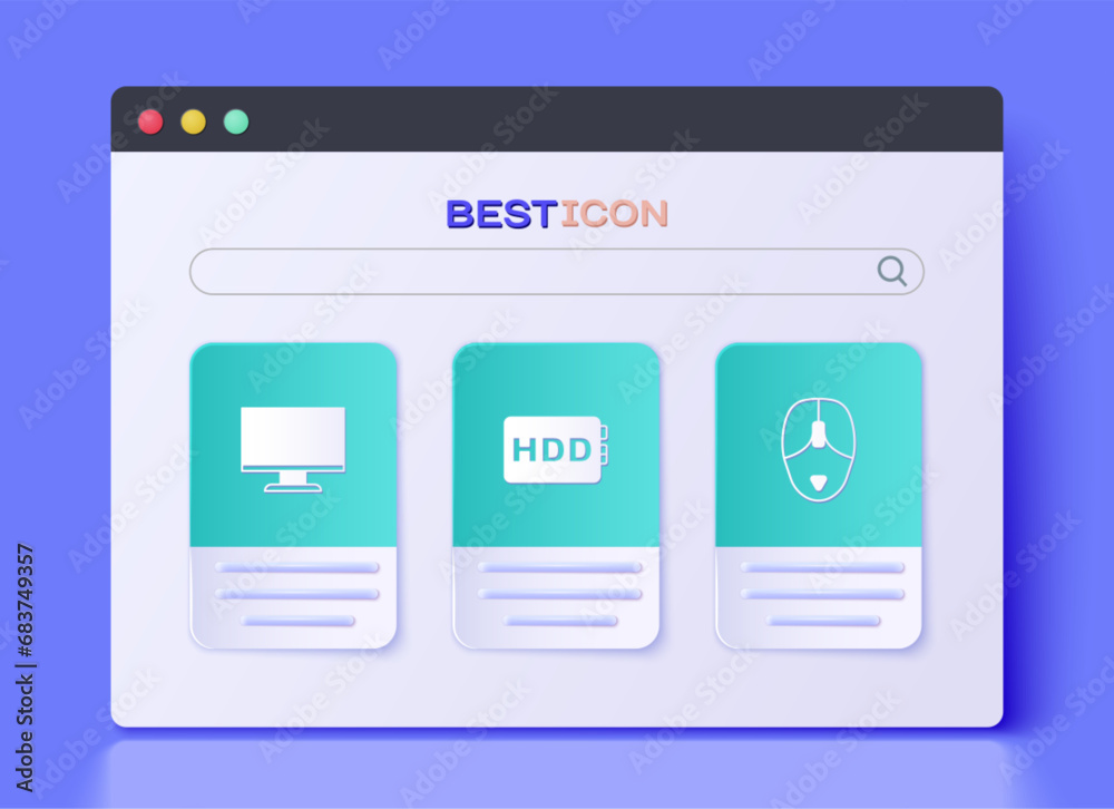 Set Hard disk drive HDD, Computer monitor screen and mouse icon. Vector Set Hard disk drive HDD, Computer monitor screen and mouse icon. Vector