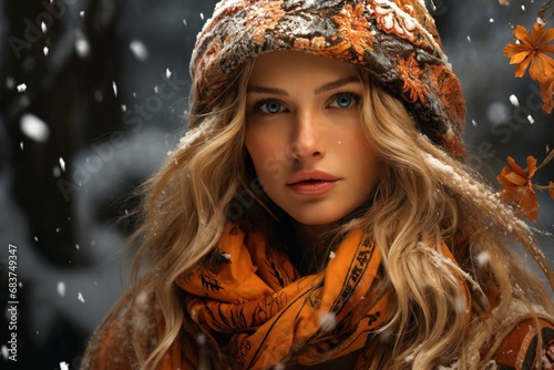 portrait of a beautiful woman in the evening, winter season