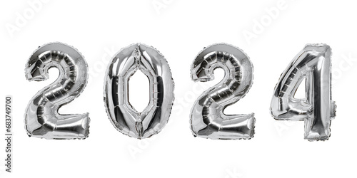 Number 2024 of silver balloons. Isolate on white background. New years concept