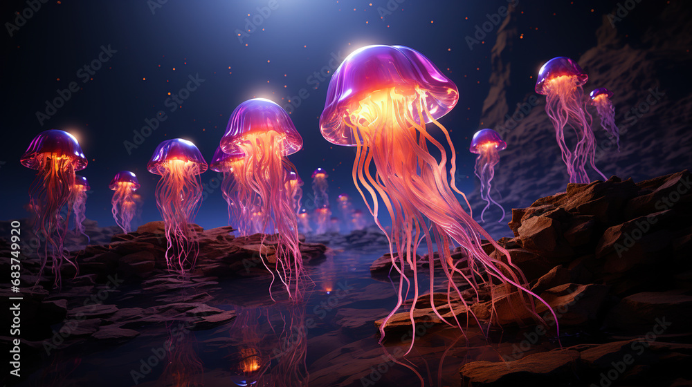 Group of Neon Glowing Transparent Jellyfish in The Sea Blurry Background