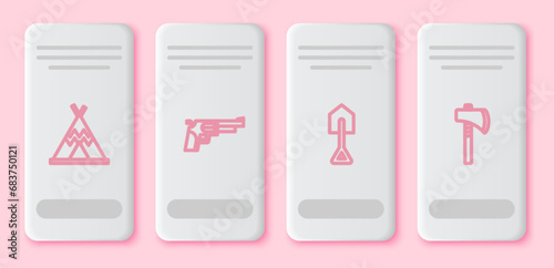 Set line Indian teepee or wigwam, Revolver gun, Shovel and Tomahawk axe. White rectangle button. Vector