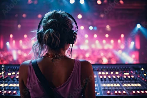 Vibrant exposure of DJ Concert, Backshot of soundboard player with neon lights