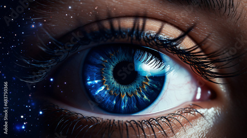 A close up of a blue eye with stars