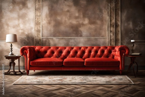 Create a high-definition image of a luxurious Vermilion Color Sofa, capturing its elegance in a pristine setting. 