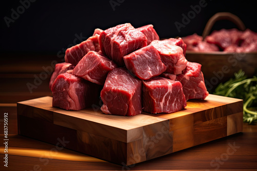 raw cubed meat on a wooden board photo