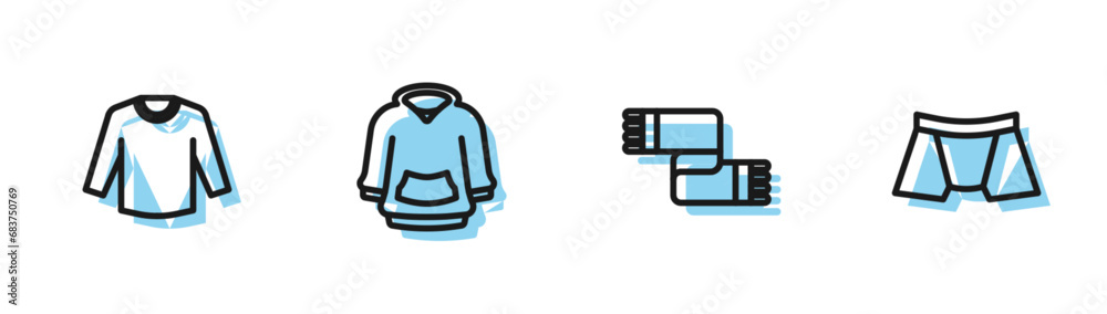 Set line Winter scarf, Sweater, Hoodie and Men underpants icon. Vector Set line Winter scarf, Sweater, Hoodie and Men underpants icon. Vector