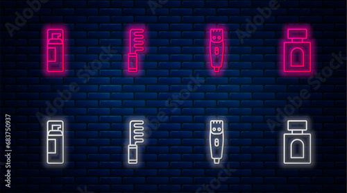 Set line Hairbrush, clipper, Shaving gel foam and Aftershave. Glowing neon icon on brick wall. Vector