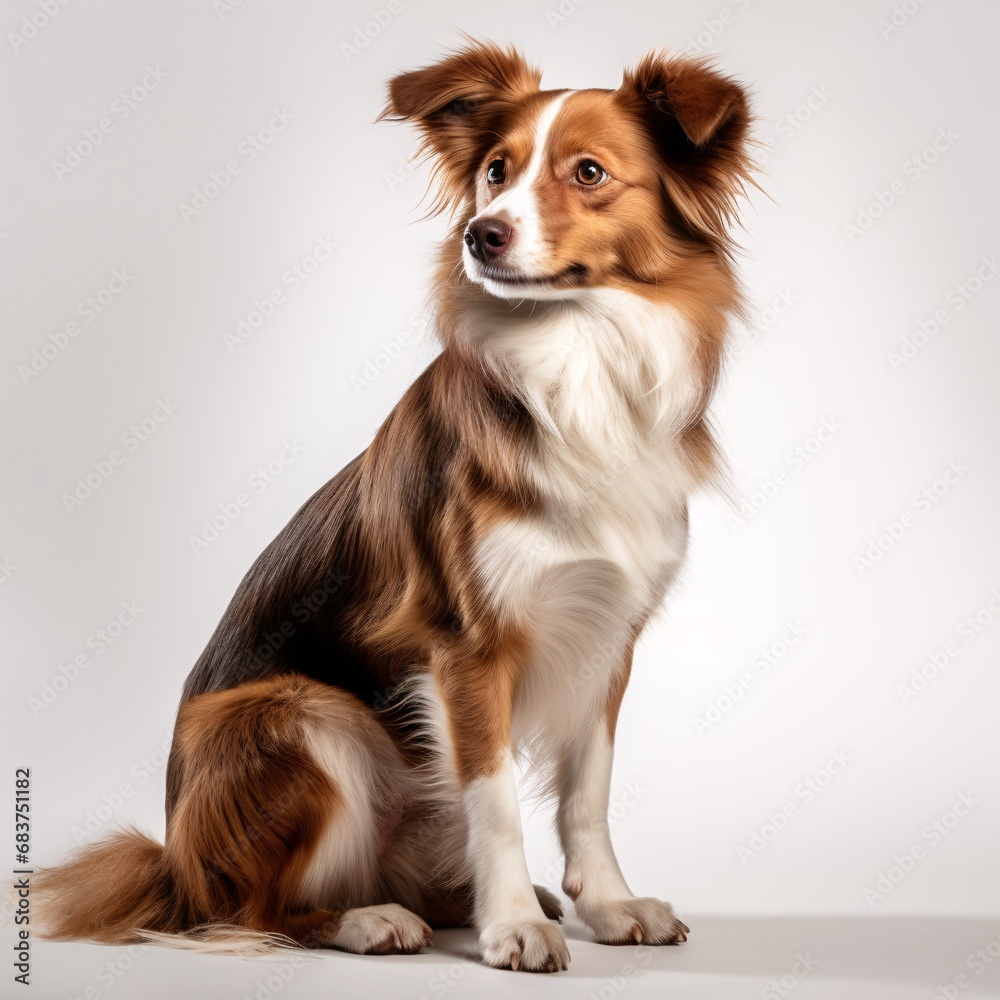 a brown and white dog sitting looking back on white background, minimal retouching, motion blur panorama, quadratura
