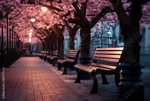 a bench in the middle of a sidewalk covered in pink blossoms