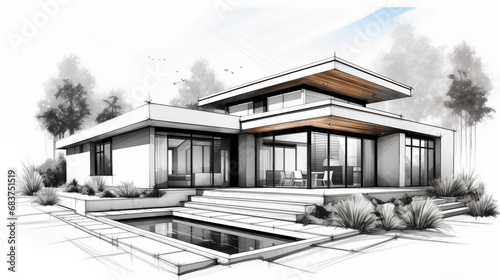 Architektonische Skizze eines Hauses in Schwarz-Weiß: Städtische Eleganz und Baukunst