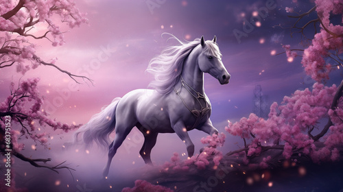 Fantasy horse with purple and violet flowers. Beautiful background. Large format.