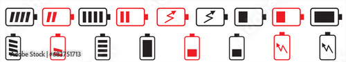 Battery icon set. battery charge level. battery Charging icon.Battery GSM icon set. Isolated black smartphone battery level indicator icons on white background. Concept power, energy, low , full, empl