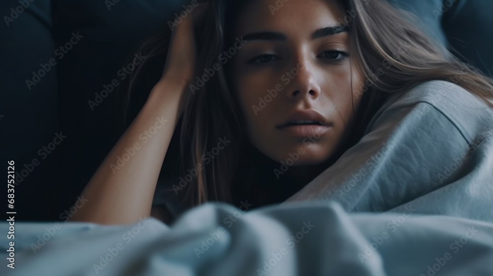 Close up melancholic woman awakened lying in bed feels lonely, girl can not fall asleep. Insomnia noisy neighbors concept Close up melancholic woman awakened lying in bed feels lonely, girl can not fall asleep. Insomnia noisy neighbors concept